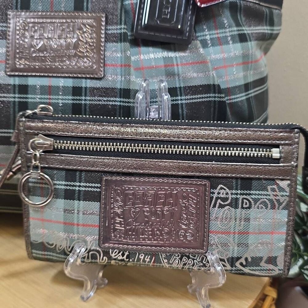 Coach Poppy Tartan Glamour Tote & Matching Wallet | Plaid Sparkle Shoulder Bag | - Picture 2 of 16